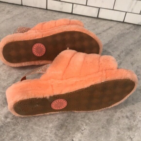 UGG Slippers Womens 9 Orange Fur Fluff Yeah Shearling Slides Slip On Y2K - Picture 9 of 9